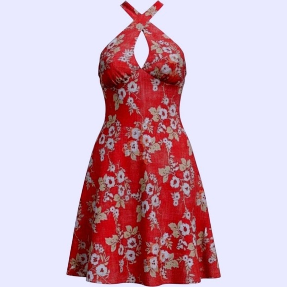 Vintage LOFT Silk Floral Halter Dress 6 Red Summer Party Tropical Babydoll Y2K